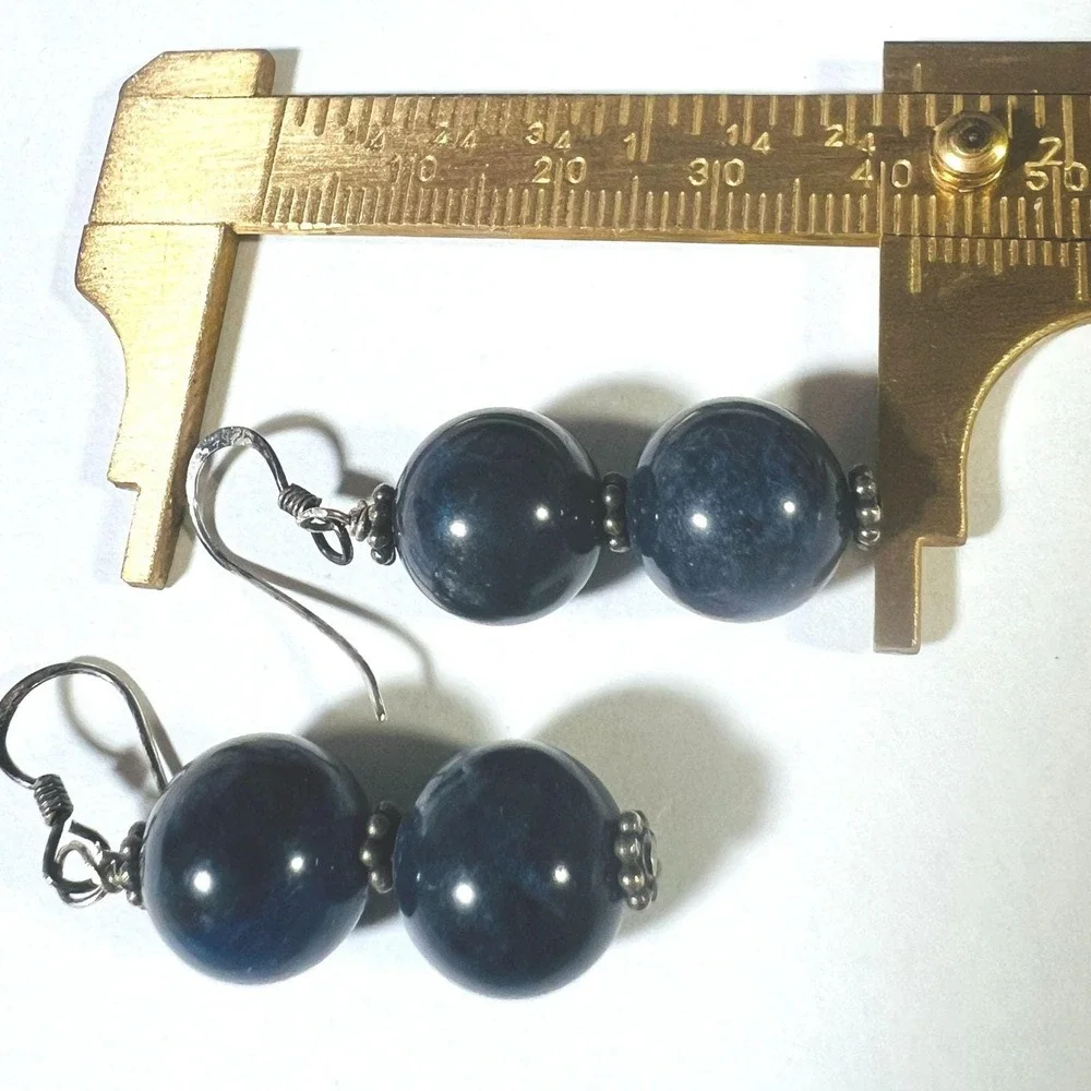 Vintage 925 Sterling Earrings Dark Blue Marbled Beaded Gemstone Dangle Hook 1.5'